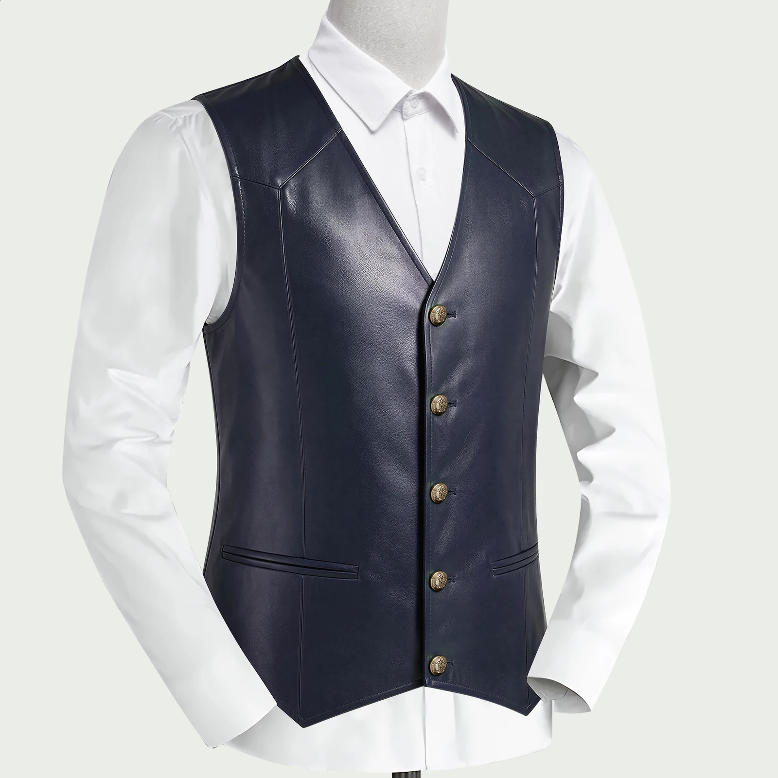 VERVEROW Men's Slim Fit Faux Leather Waistcoat V Neck Sleeveless Vest Western Vintage Suit Vest for Party Casual Daily Wear 260917