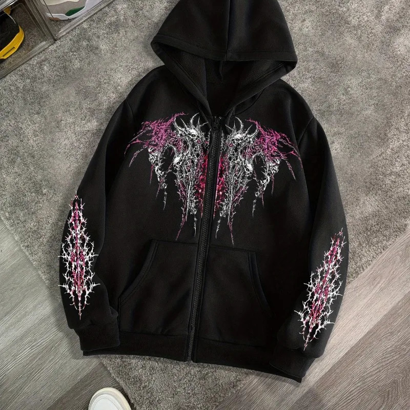 Men's Gothic Dark Print Zipper Hooded Casual Sports Sweatshirt Zipper Jacket Autumn and Winter Casual Retro Street Style Top 260916