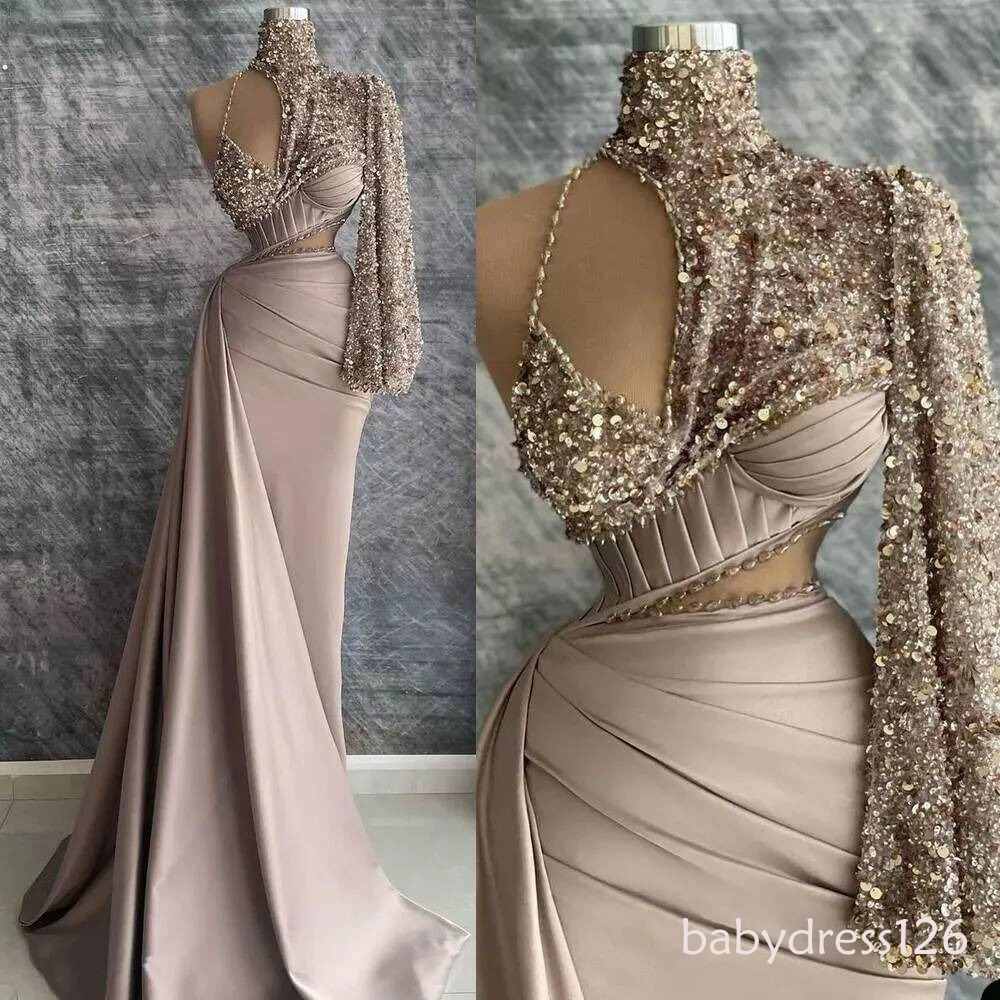 Shiny One Shoulder High Prom Dresses Sequined Pleats Evening Dress Custom Made Floor Length Glitter Women Party Gown
