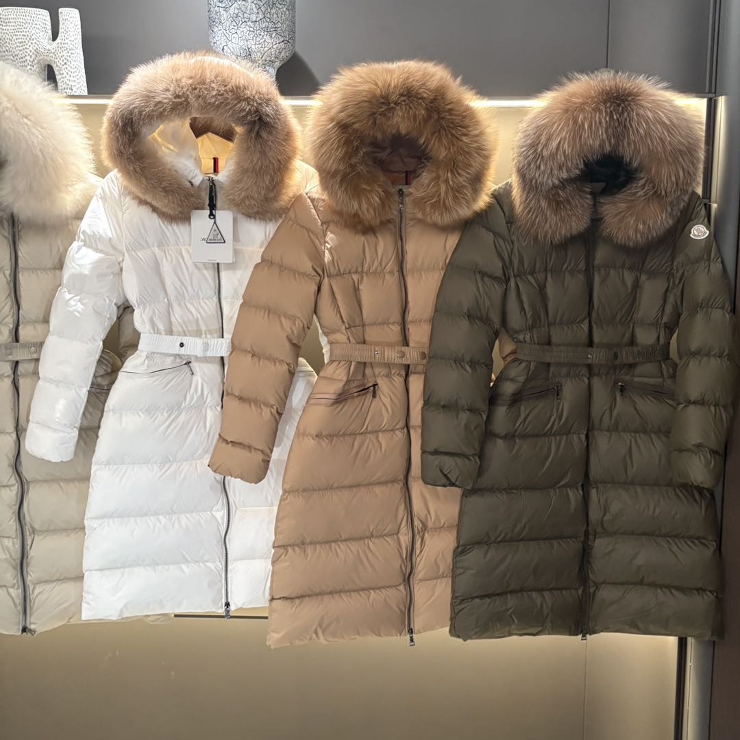 Winter Women Belted Long Down Coat Hooded Shearling Collar Water Resistant Warm Quilted Jacket Badge