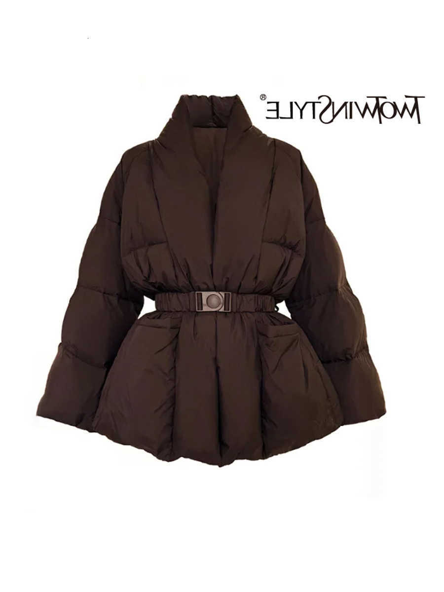 Solid Spliced Belt Loose TWOTWINSTYLE Jackets for Women V Neck Long Sleeve Temperament Parkas Female Fashion Style H260917