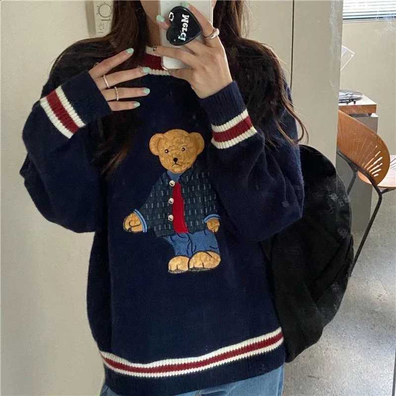 Vintage Cartoon Bear Embroidery Knitted Sweater Women Autumn Winter Harajuku Loose Pullover Korea Warm Sweet Kawaii Jumpers X260916