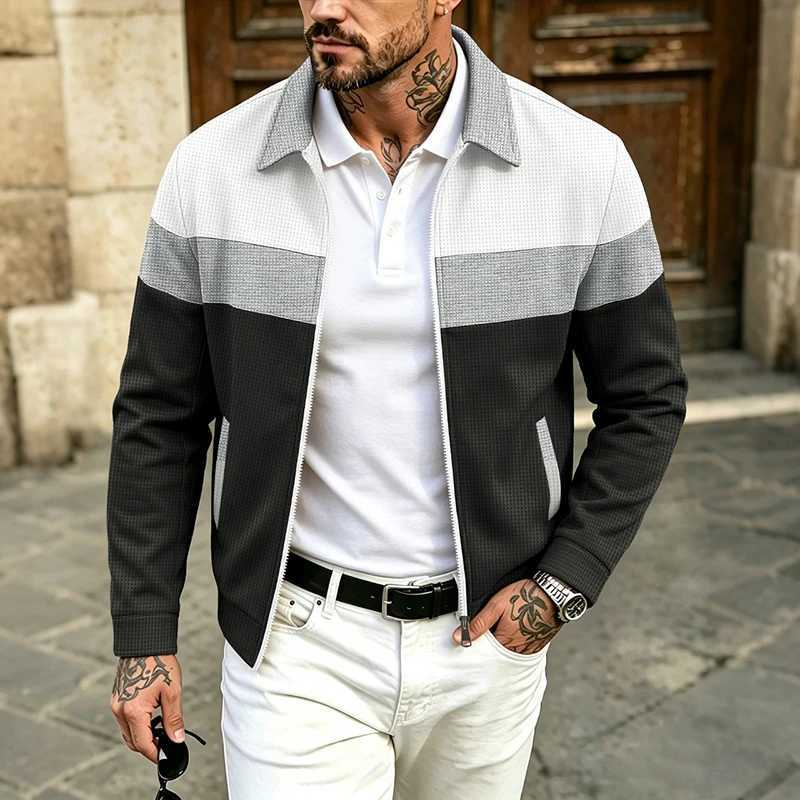Vintage Waffle Knit Contrast Color Lapel ZipUp Jacket Mens Slim Fit Long Slve Autumn Lightweight Casual Outerwear Men S260917J3TG