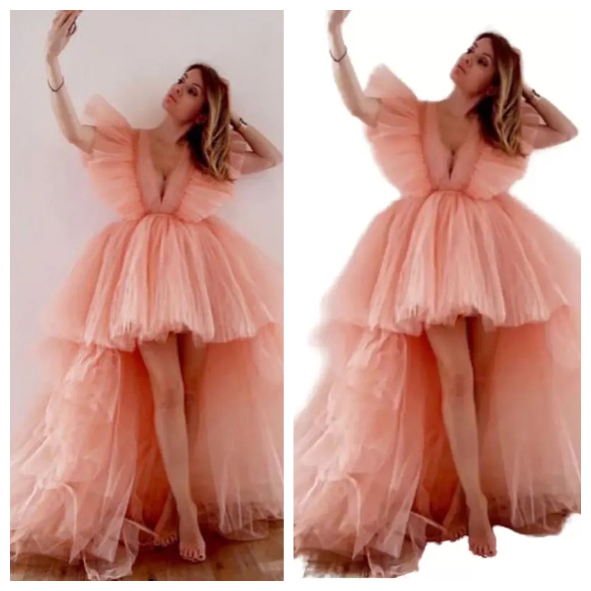 Sexy Peach Cheap Prom Dresses Deep V Neck Princess Hi Lo Short Front Long Back Sweep Train Tulle Puffy Ball Gown Party Dress Formal Evening Gowns Pl