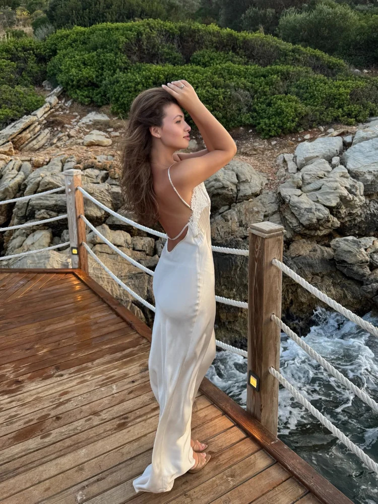 Lace Patchwork Sling Maxi Dress Women Sexy Solid V-neck Sleeveless Backless Satin Slim Long Gown Lady Chic Evening Party Dresses 260917
