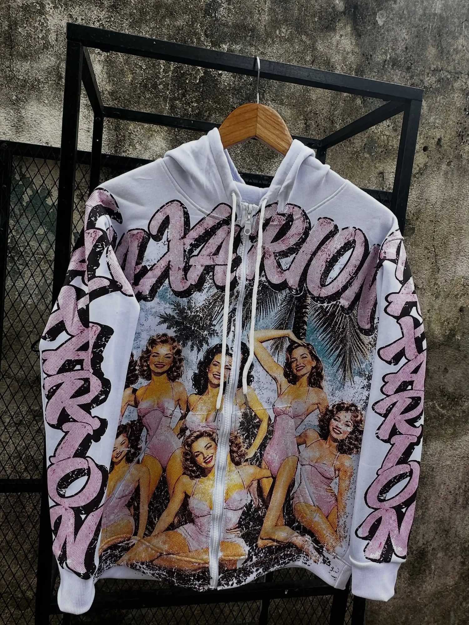 Men Zip Up Hoodie Vintage Pinup Girls Full Print Graffiti Letter Hooded Jacket Loose Y2K Hip Hop Streetwear White Tops X260916