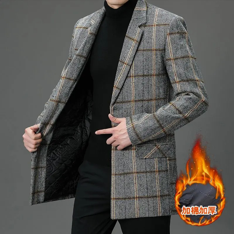 Winter Men's Mid-Length Plaid Woolen Coats Business Casual Warm Top Overcoat Outwear Cotton-Thicken Wool Windbreaker Jacket 260916