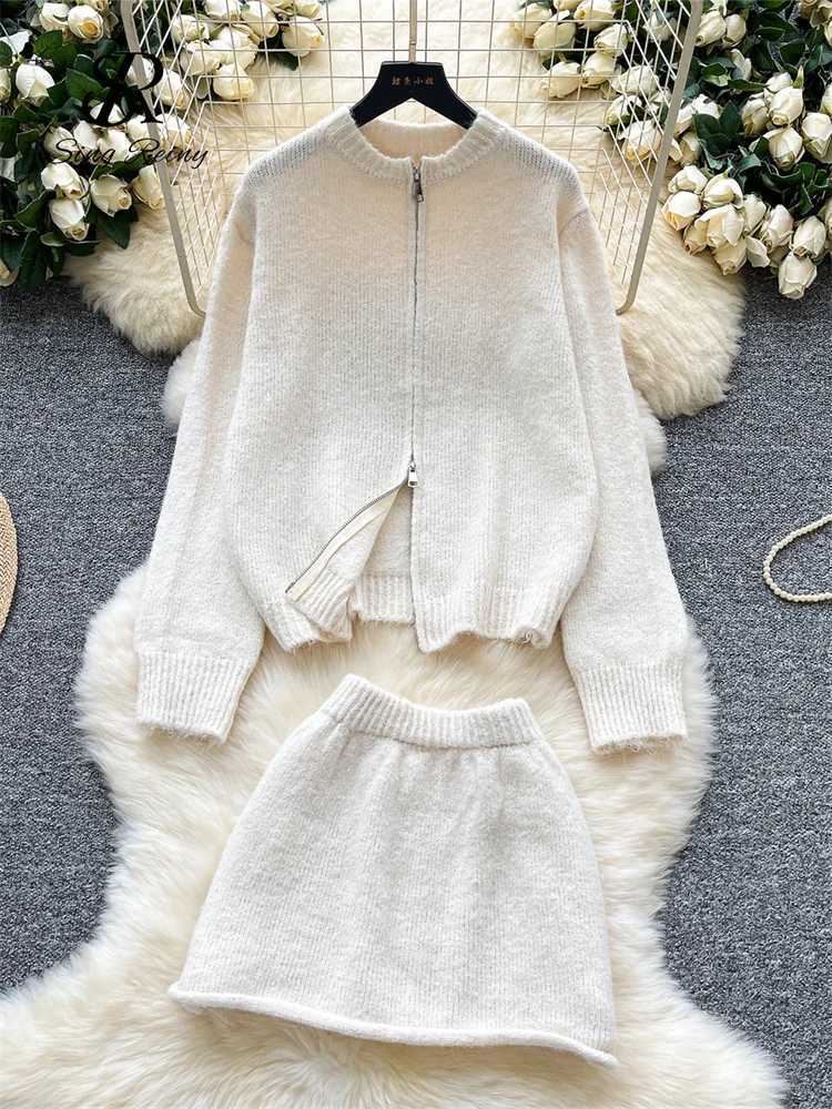 Knitted SINGREINY Cashmere Winter Fashion Suts Women Zipper Loose Pullover+Elastic Mini Skirt Warm Sweater Casual Two Pieces SetW260915