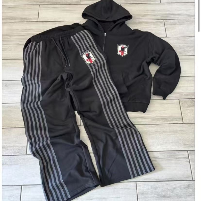 Cross-border cotton embroidered badge striped pants, zip-up hooded sweatshirt, loose-fitting casual sportswear set, sporty style 32