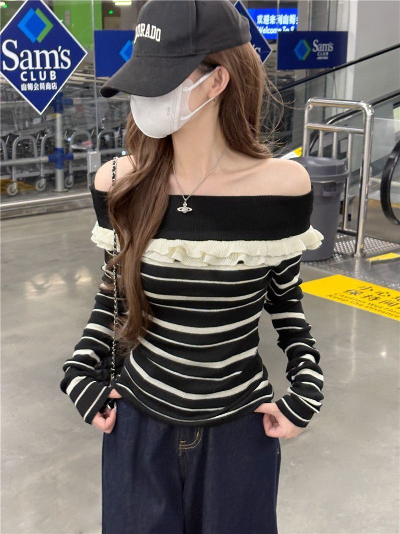 Stylish and elegant ruffled striped knit top for women, spring/autumn 2026 new collection, one-shoulder design, slim-fit, short-length base layer f0