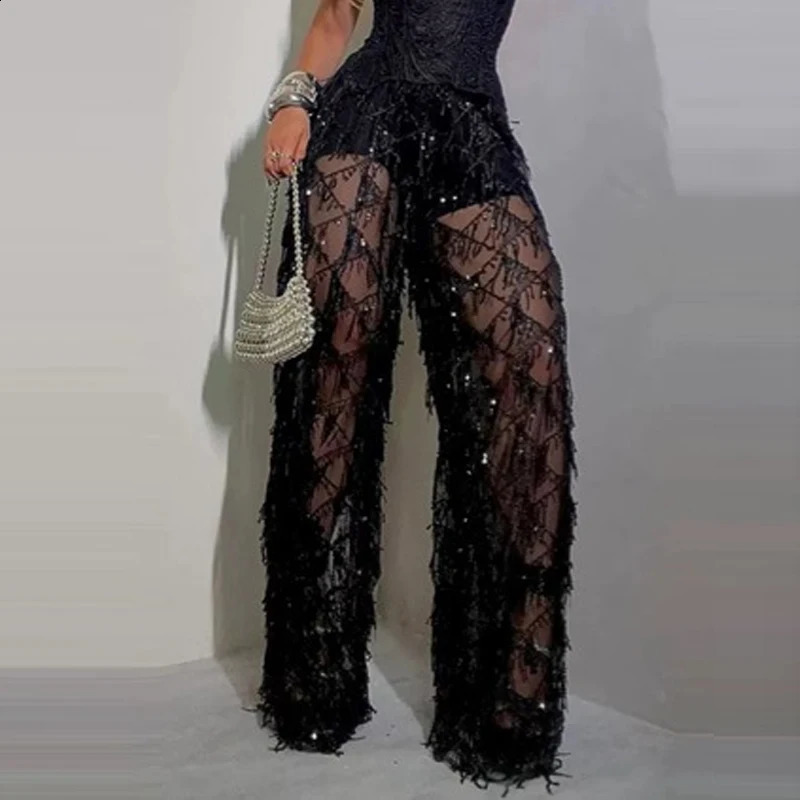Girl Shiny Solid Color Hollow Out Straight Pants Fashion Slim Nightclub Party Summer High Waist Sequins Tassel 260917