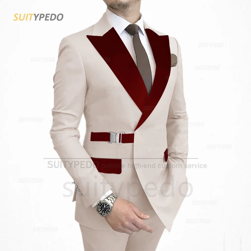 Elegant Men Suit Sets Fashion Burgundy Velvet Lapel Jacket Outfits Evening Dinner Male Tailormade Elegant Blazer Pants 2 Pieces 260917