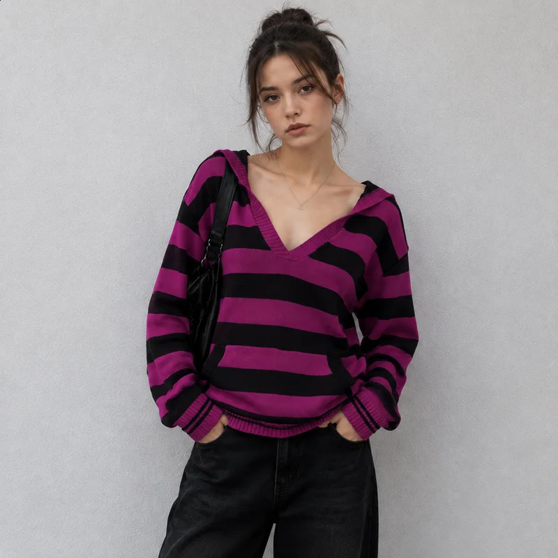 Winter Women's Y2K Grunge Gothic Vintage Purple Black Striped V Neck Hooded Kangaroo Pocket Oversized Loose Long Sleeve Sweater 260917