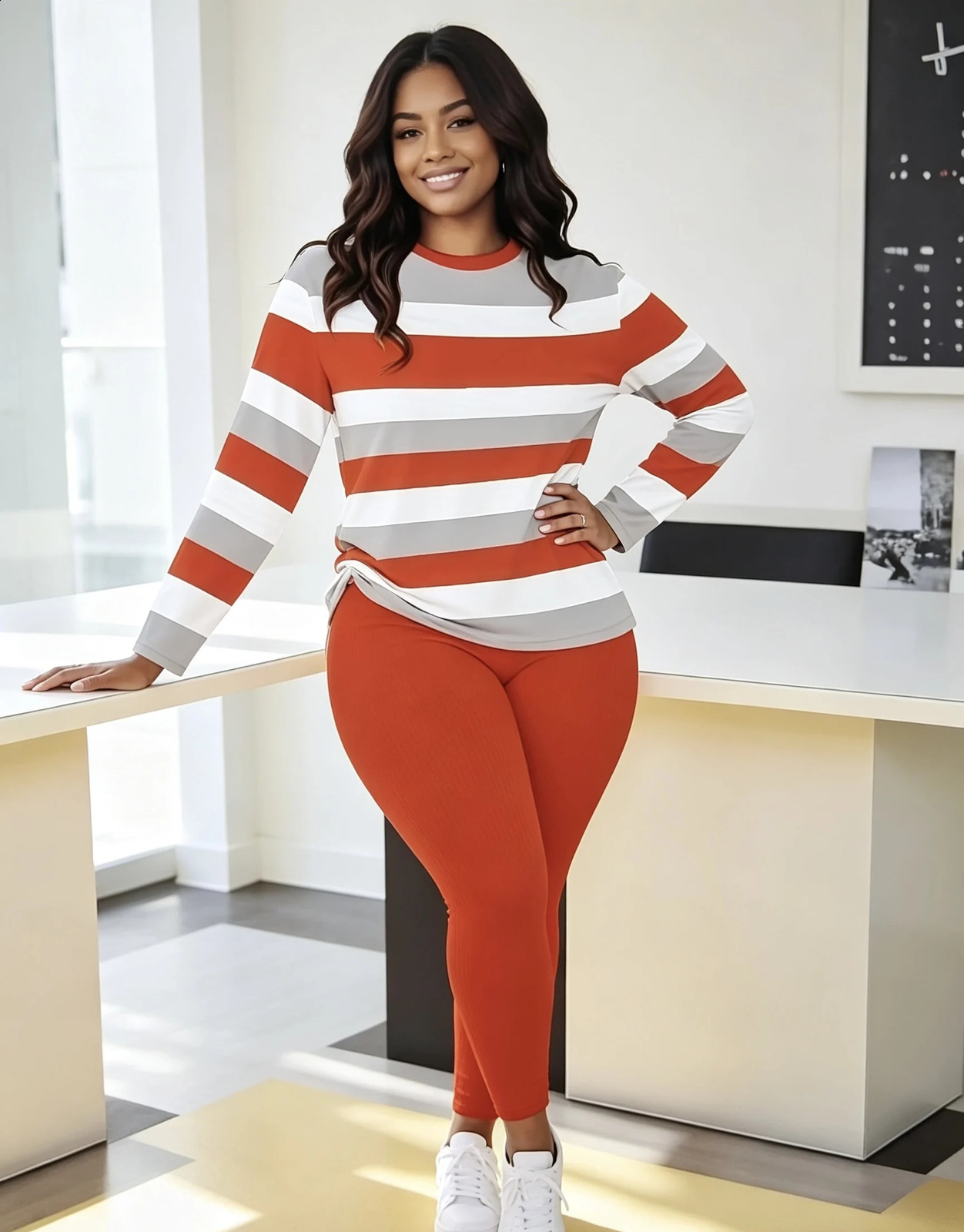 European and American plus size women's red white gray colorblock striped longsleeve top solid color ribbed pants set; crew neck loose casual l