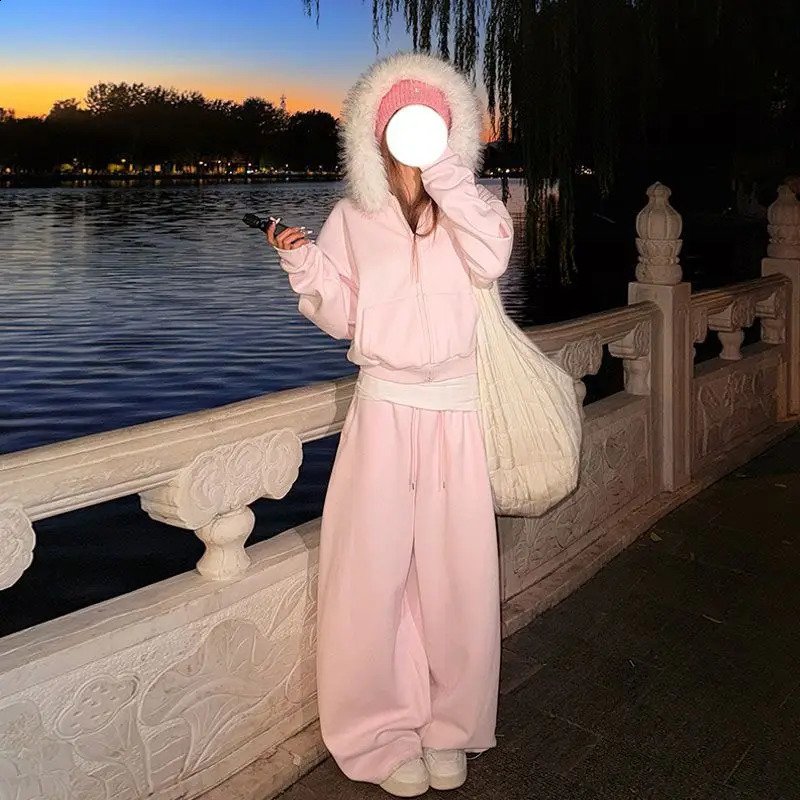 Y2K Solid Color Twopiece Harajuku American Retro Loose Zipper Hoodie Classic Casual Fashion Trend Fur Collar Sweater Pants Suit 260917