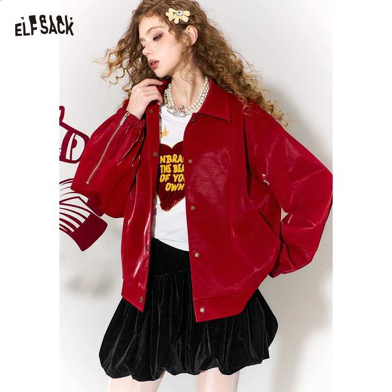 Burgundy ELFSACK 2026 Matte PU Leather Jacket Women Horse Embroidery Lapel Loose Coat Punk Oriental Vintage Winter Top C260917