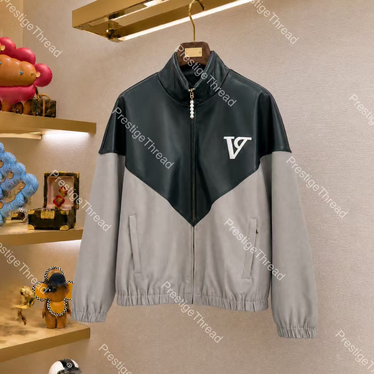 ss26 Designer Men's Leather & Faux Leather Fashion Capsule Collection Gray-Green Colorblock Leather Jacket