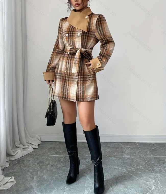 Gold French Daughter Feeling Powder Grid Scarf Woolen Coat Women's Autumn and Winter New Niche High-end Feeling Thin Long Coat C260917