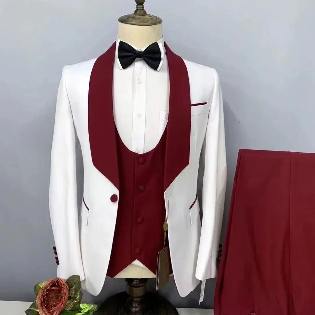 Custom White And Burgundy Wedding Men Suits Fashion Slim Fit Blazer Set Groom Tuxedo Trajes Elegante Para Hombres 3 piece 260917