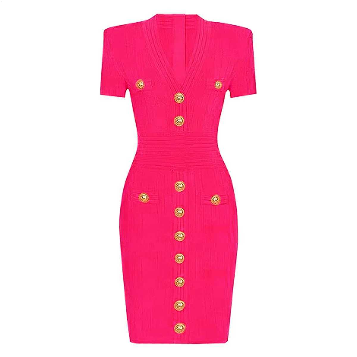 New 2025 Spring/Summer Fashion Knitted Elastic Short Sleeve Solid Color Gold Button Slimming Style Commuter Women's Dress C260917