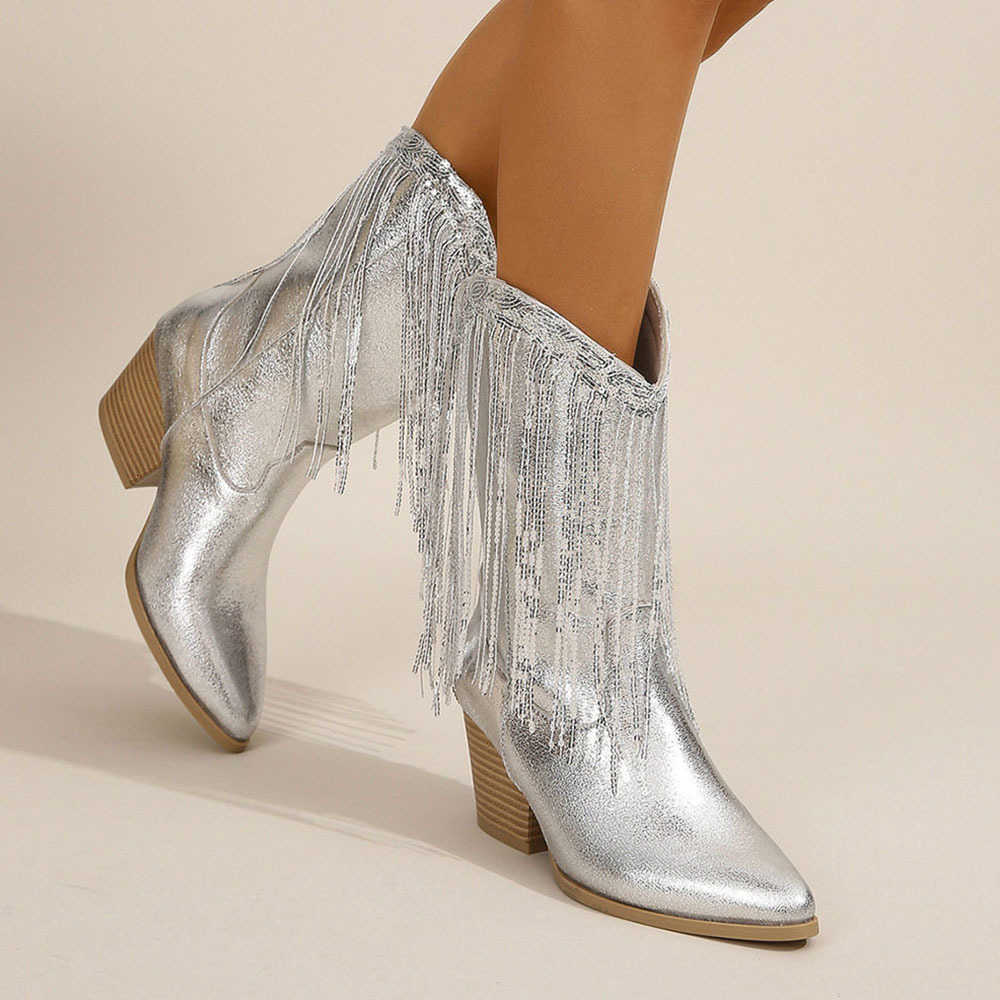 Fringed Cow Boots Concert Women's Western Boot 2026 Spring Summer Vintage Boots for Women Pointed Toe Mid-calf Boots D260917