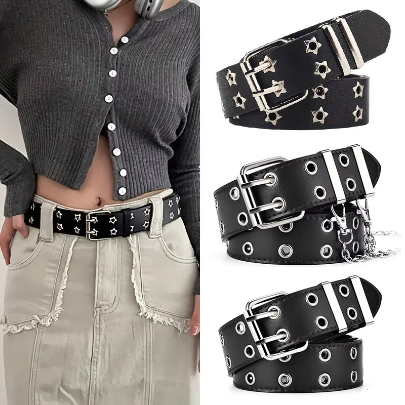 110cm Unisex Men Belts For Women High Quality Double Hole Star Eyelet Hip Hop Rock Style Subculture Y2K Belt Punch Free Size W260917