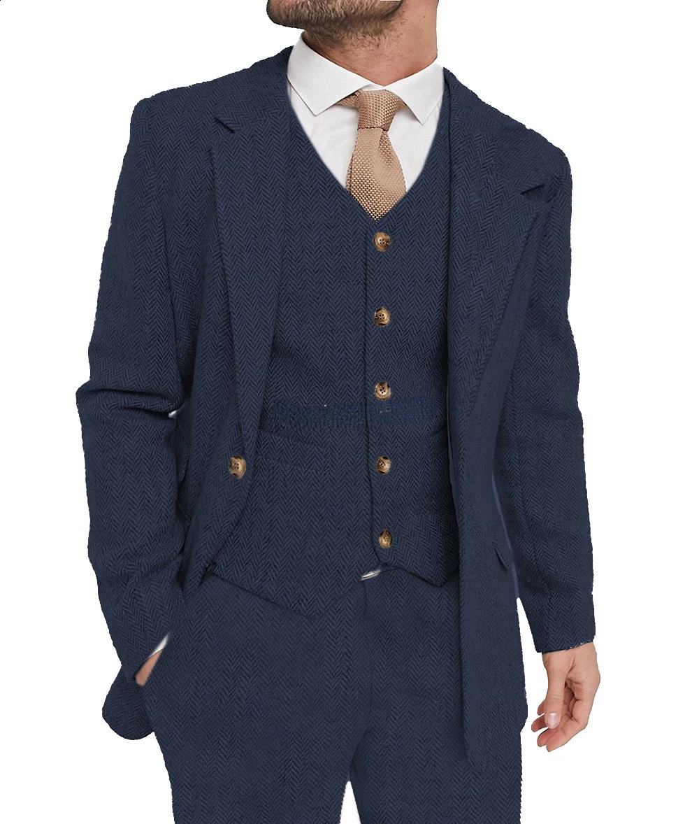 Customized Men's 3 Piece Tweed Suit Notched Lapel Herringbone Blazer Vest And Pants Set for Elegant Wedding Dress Code 260917