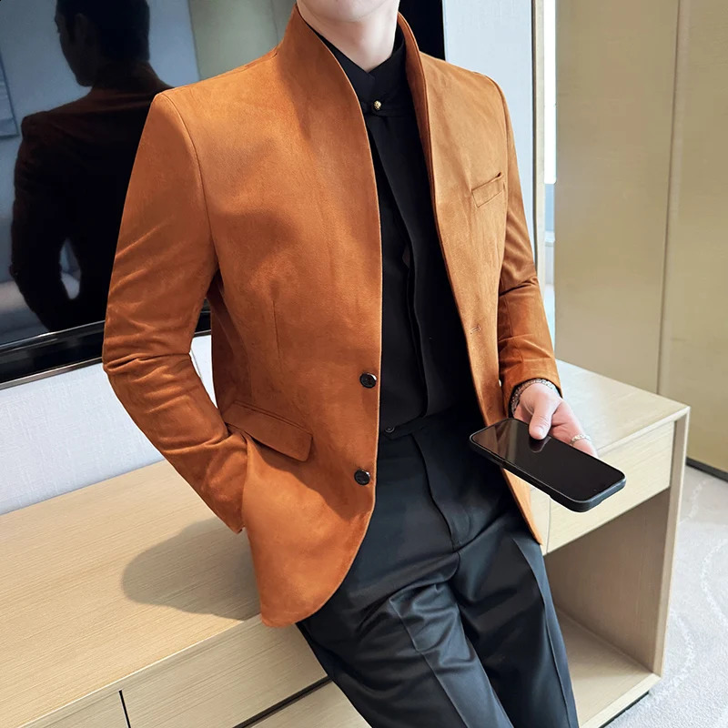 Blazer Cowhide Velvet Korean Version Business Slim Fit Suit Stand Collar Fashionable Casual Suit Jacket Men Formal Clothing 260917