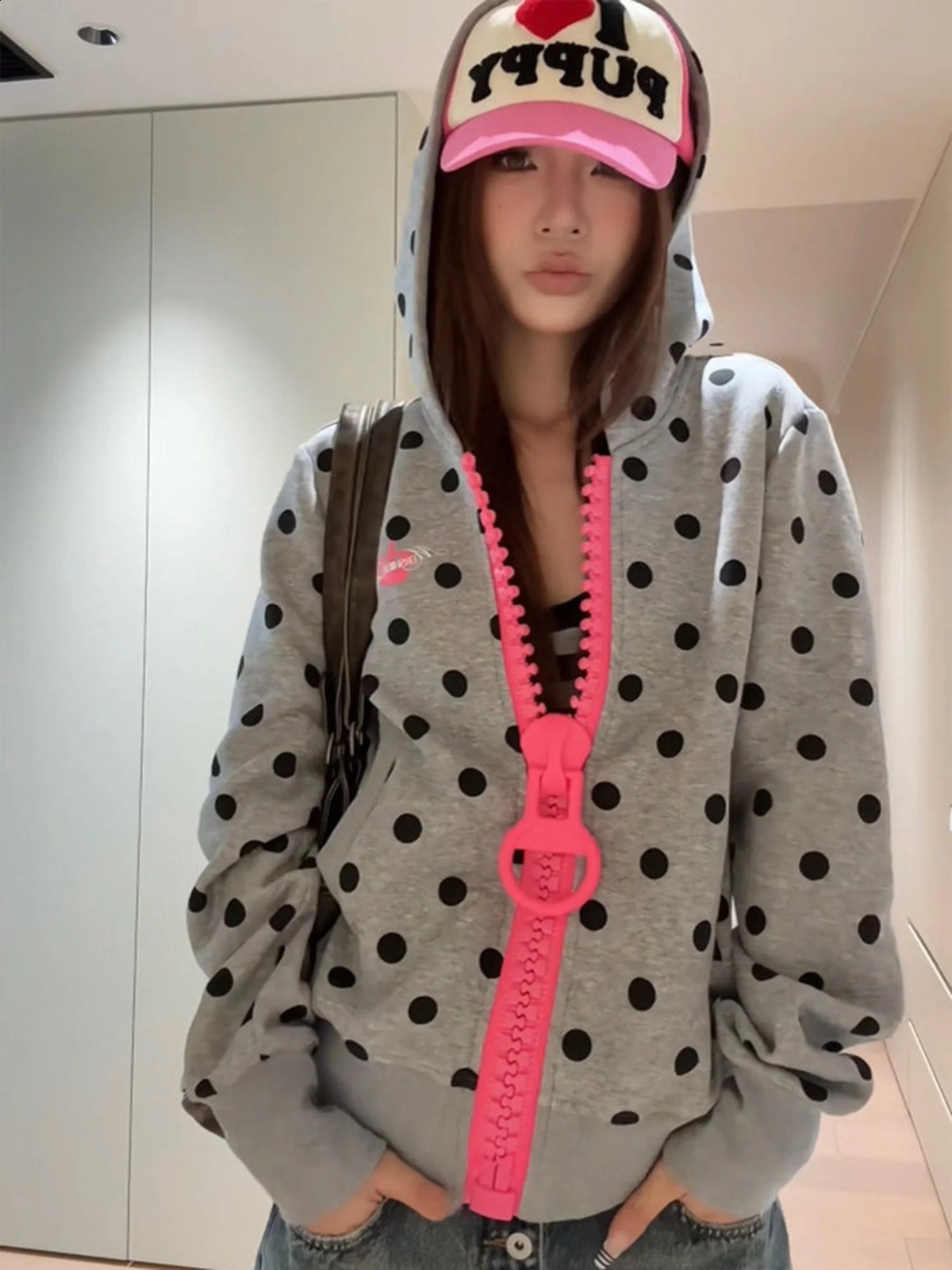 American Style Spotted Color Block Hoodie Womens Thin Loose Casual Sweatshirt Gray Outerwear Top Zipper n Cotton Fabric 260917