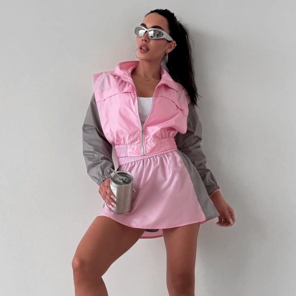 European American Women's Casual Suit, Fashionable Loose Fit, Color-Block Long-Sleeve Zip-Up Cardigan, Color-Contrast Top, And Short Skirt Spor