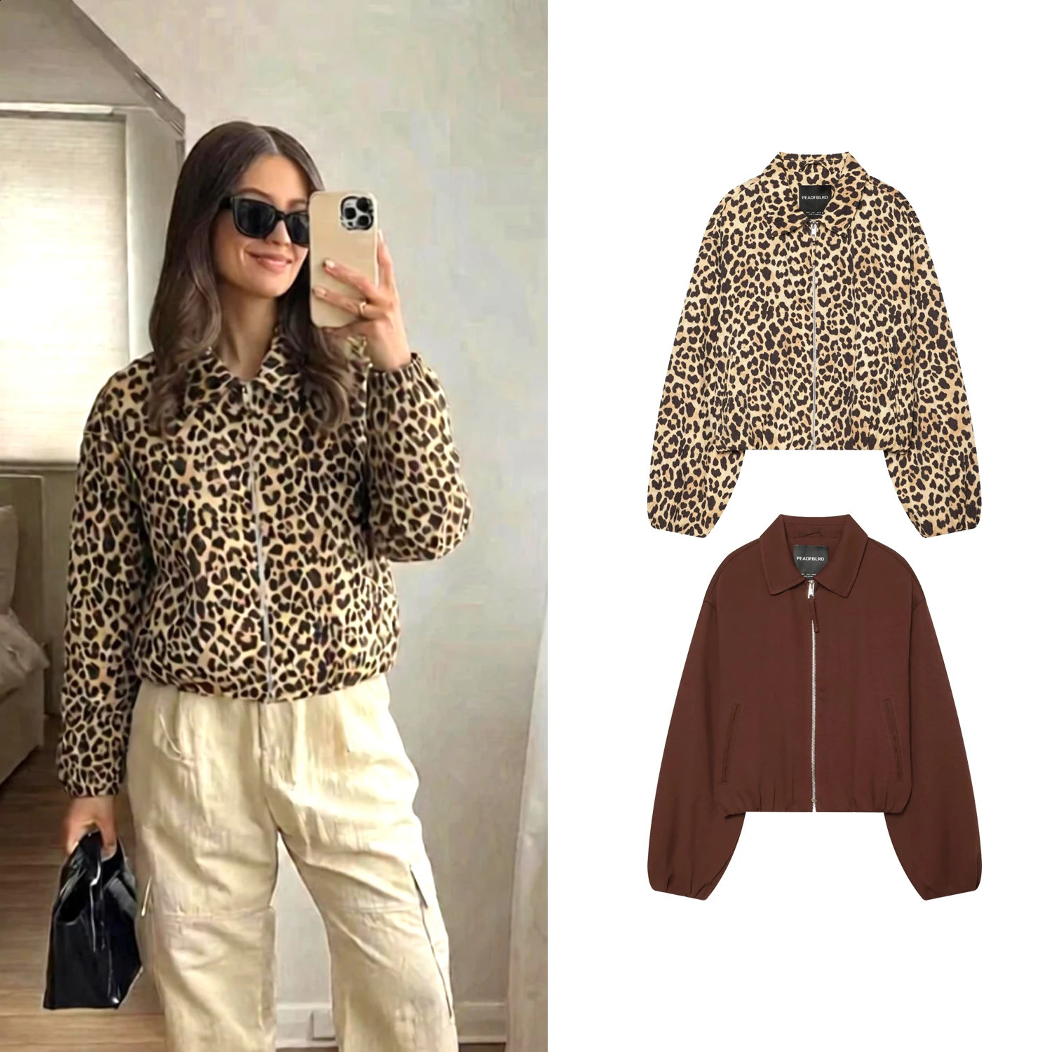 Women Leopard Print Cropped Jackets Autumn Female Lapel Collar Zip Long Sleeve Coats Lady Street Casual Beach Holiday Outwears 260916