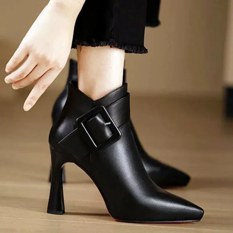 Women Boots Men ankle Boots Sexy Pointed Toe Black High Heel Spring Winter PU Leather Zip Design For Women Elegant Short Belt Buckle Ankle Ladies