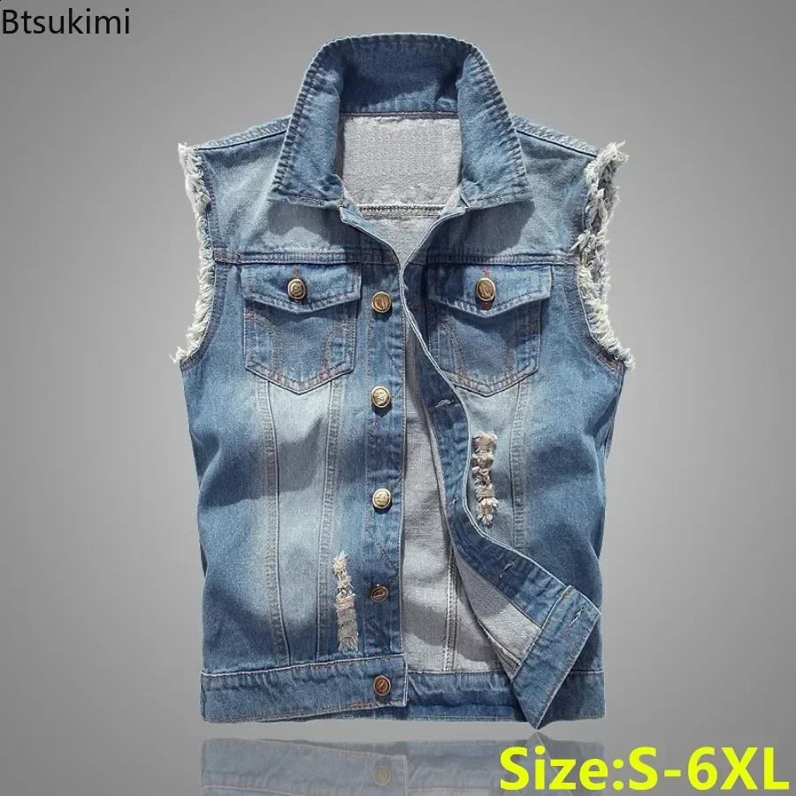 Men's Denim Sleeveless Jacket Casual Jeans Waistcoat Korean Hole Cowboy Slim Vest Men Hip Hop Streetwear Clothing 260917