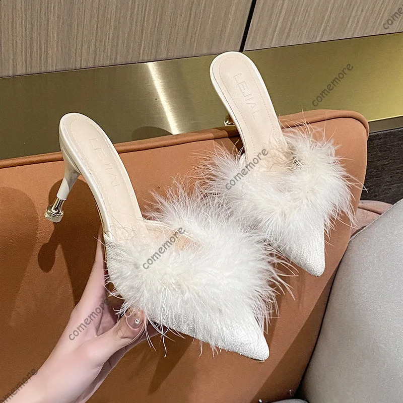 Comemore Women High Heels Slippers Fur Pointed Toe Thin Heels Women Mules Dress Party Outside Ladies Slip on Slides Shoes 260917