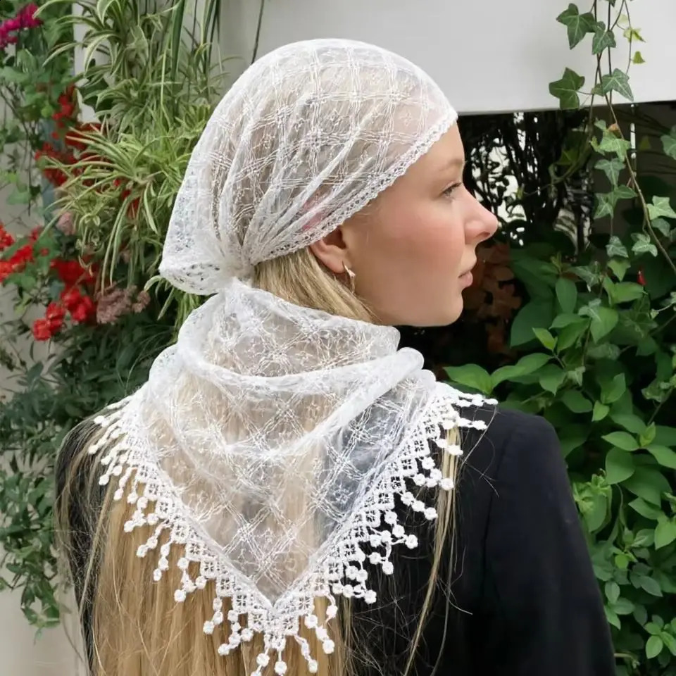 Boho Lace Triangle Scarf with Tassel Embroidered Solid Color Shawls Veil Fashion Headscarf Wedding Prayer Hijab For Women 260916
