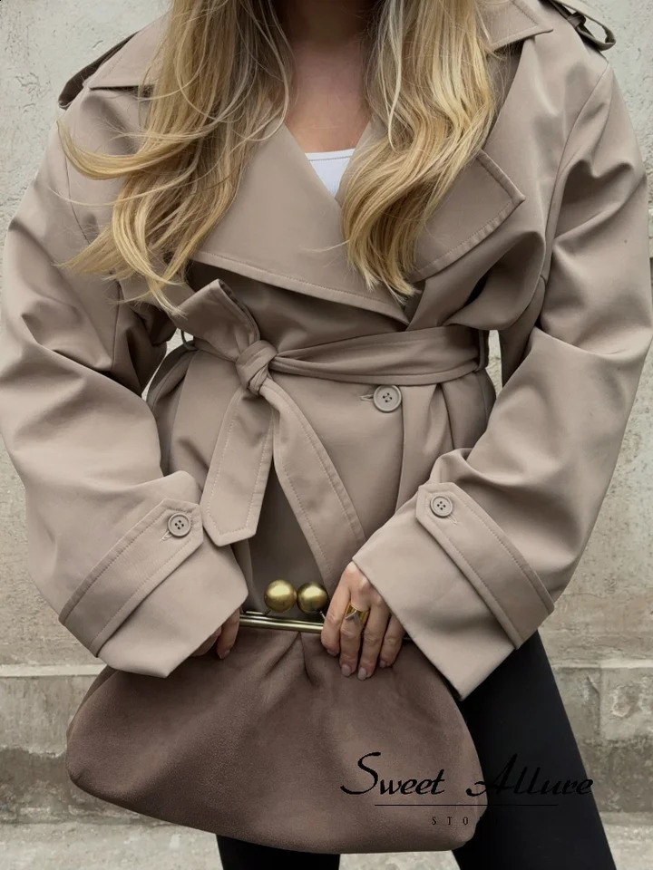 Women Lapel Vneck Belt Trench Coat Lace Up Button Full Sleeve Short Thin Windbreak 2026 Lady Fashion Daily Street Outerwear 260916