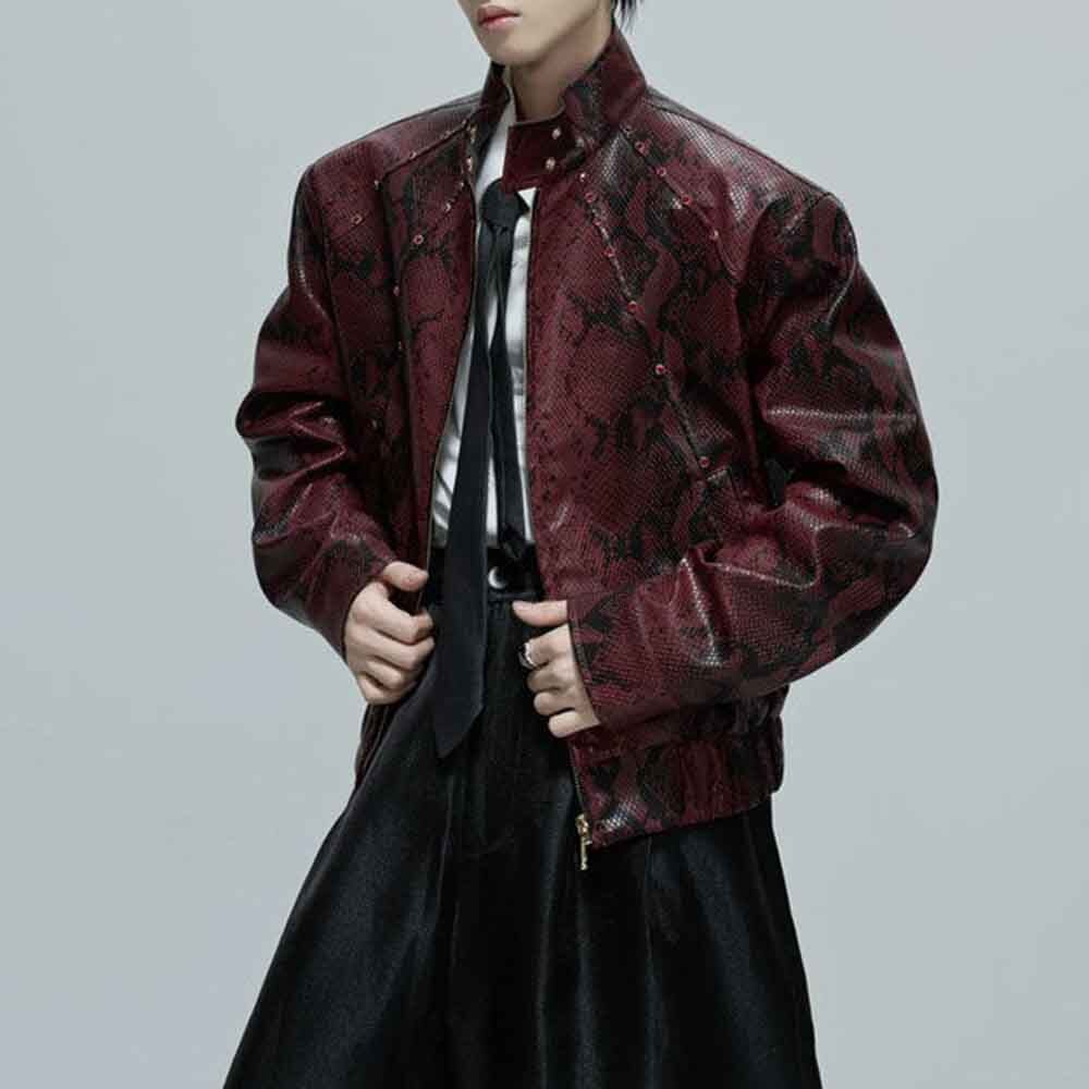 Mens Autumn Python Texture Jewel Embellished Jacket Streetwear Fashion Nightclub Cropped Top Men'S Clothing 2025 New 26Y0917