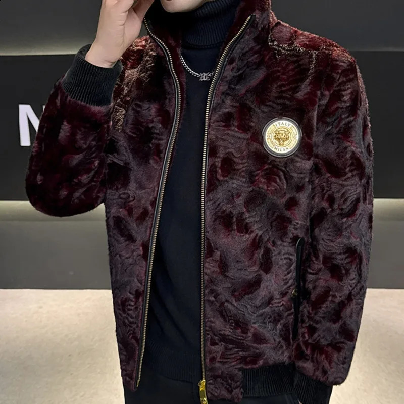 2025 European Style Golden Mink Velvet Kara Cool Twotone Fabric Stand Collar Men Faux Leather Jacket Fur 260917