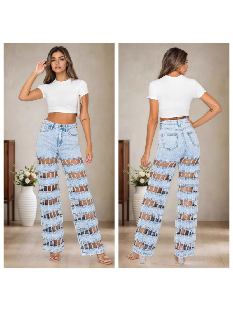 European and American Style Ripped Versatile Jeans Cross-Border Women's New Street Fashion Hollow High Waist 75