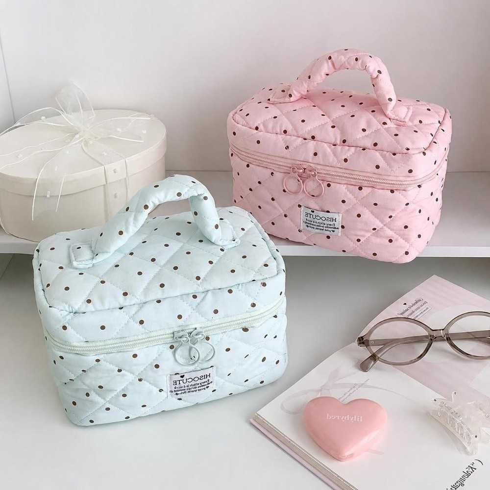 Dot Kawaii Polka Pattern Quilted Makeup Bag With Handle Large Capacity Travel Toiletry Organizer Multipurpose Storage Bag WomenT260917