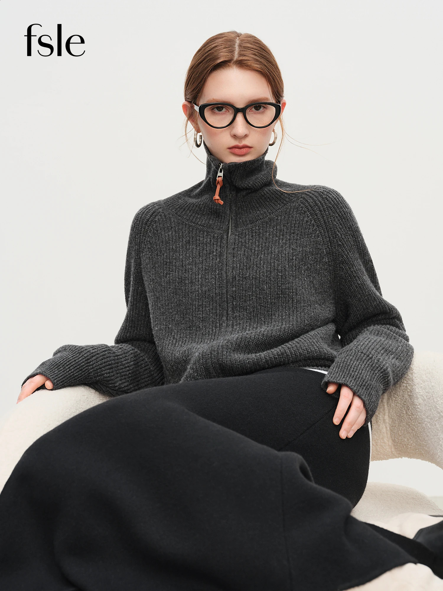 FSLE Autumn Sweater Women Loose Fit Wool Blend Knit Cardigan Fall Winter 2025 Style Zipper Front Outerwear Top for Casual 260917