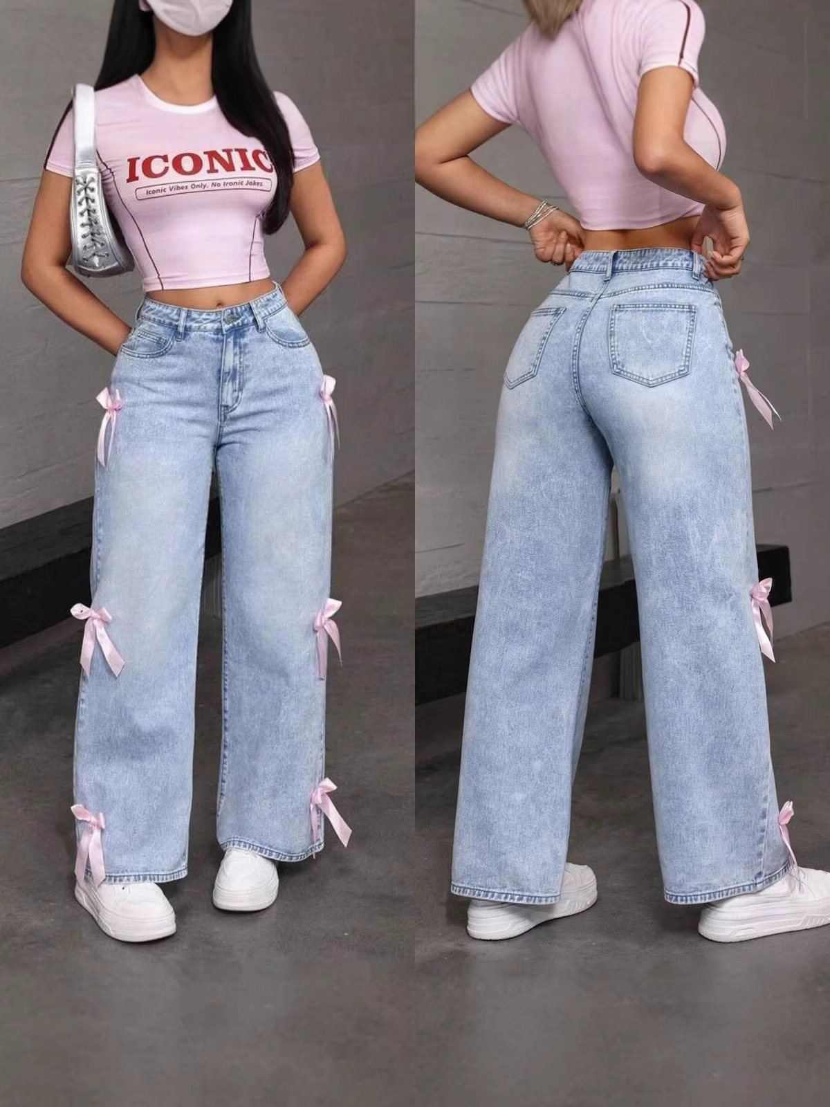 Cross-Border Y2K Street Style Hot Girl Bow Patchwork Washed Jeans Loose Straight Wide-Leg Pants Ins 88