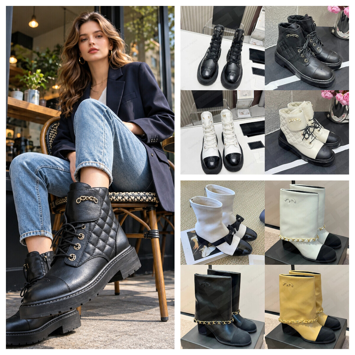 Designer Boots High Shark Women Luxury autumn and winter black lace up Martin boots cc boots women's quilted leather mid boots luxury round for