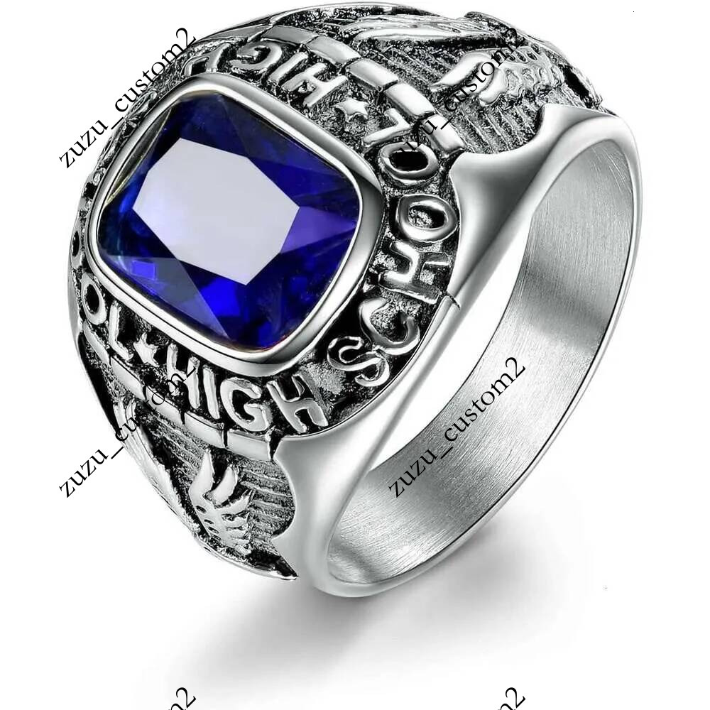 316L Steel 3 Stainless Rings for Men with Blue Stones Engraved High School Eagle Size 8 15