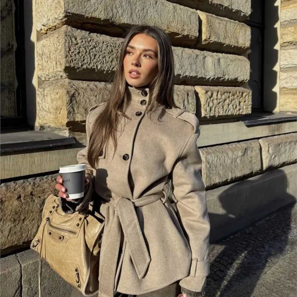 Women's Autumn Winter Woolen Belt Jackets Female Lace-Up Thicken Coats Lady Chic Vintage Female Casual Streetwear Outwear C260917