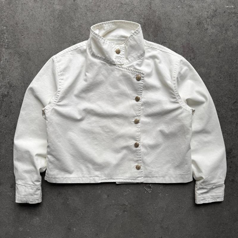 White Fencing Jacket Retro Bakastroll High Neck Loose Casual Denim Fashionable Street Men Women Hip Hop Clothing
