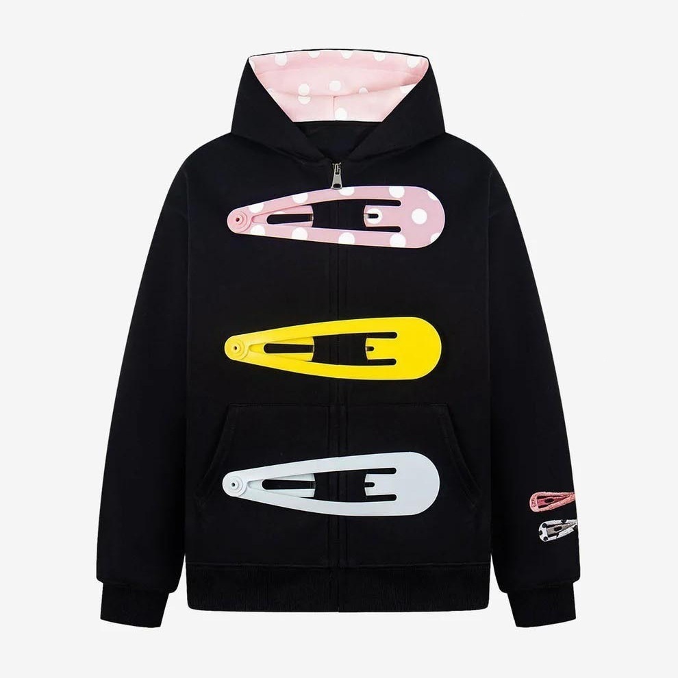 Unique girly style Harajuku fun large hairpin print loose long-sleeve hooded sweatshirt casual versatile women's jacket c3
