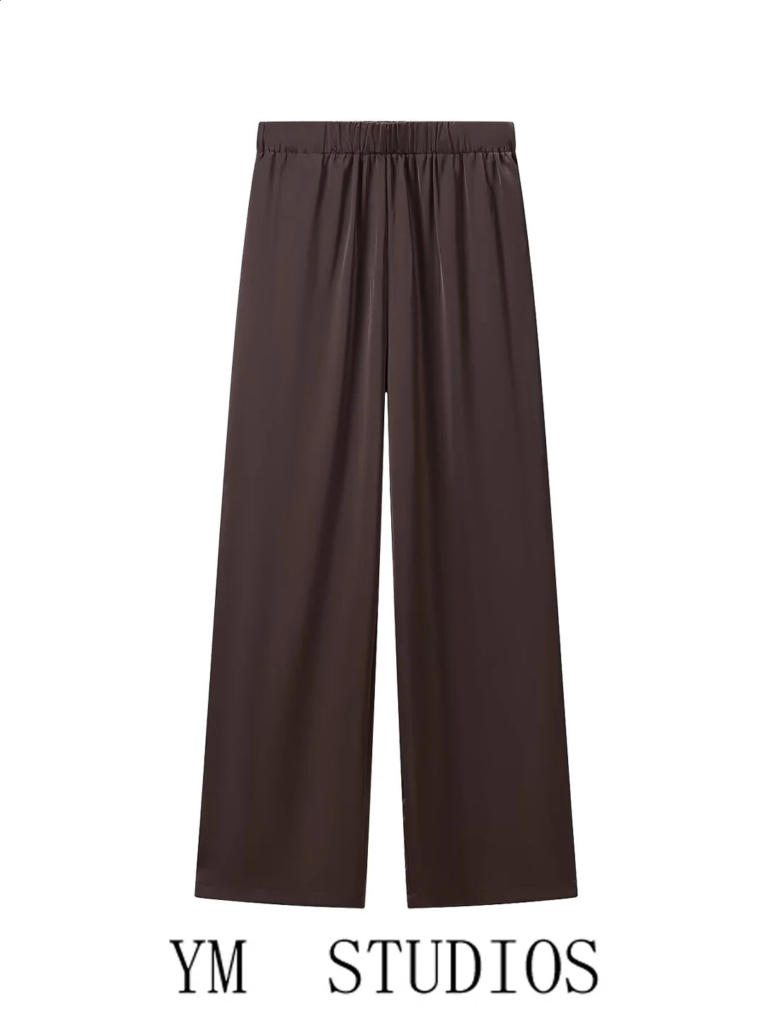 Elegant Brown Satin Straight Leg Pants Womens Casual Trousers Loose Waist Summer Fashion Wind Polyester Fiber 260917