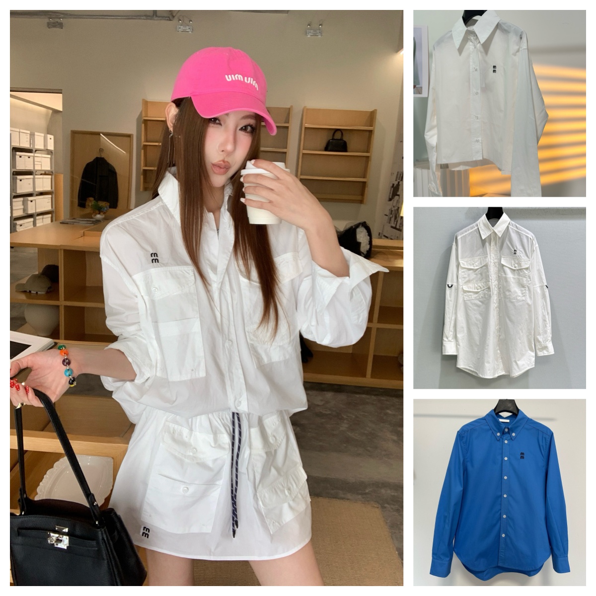 Women's Designer 3D Embroidered Shirt - Utility Oversized Beaded Logo Long Sleeve Faux Two-Piece Cardigan Top