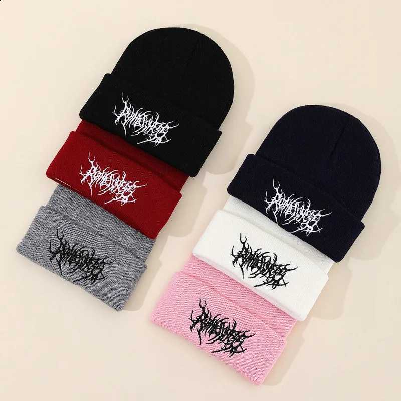 Death Metal Gothic Letter Embroidery Cuffed Knit Beanie Hat Men Women Punk Hip Hop Streetwear Soft Stretch Winter Warm Skull CapT260916